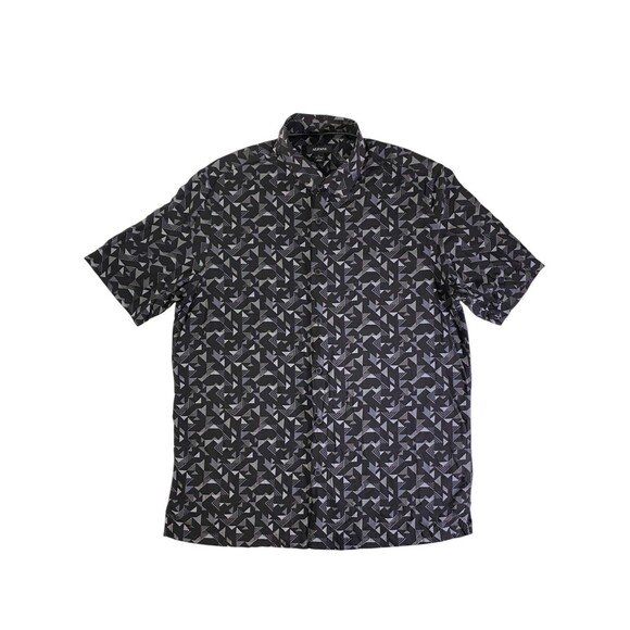 Alfani Shirt Mens Large Black Grey Geometric Button Up Short Sleeve Casual - Picture 8 of 10